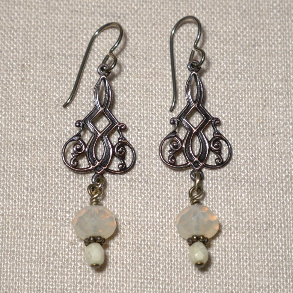 Hand Crafted Handmade Earrings Brass Filigree Cream Opalite Czech Glass …